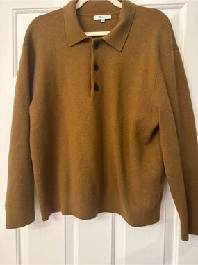 Madewell Milano-Knit Merino Wool Polo Sweater - Camel Brown - Large